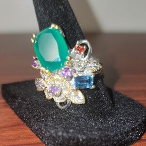 Elegant Green Natural Opyx and Blue Gemstone  925 Sterling Silver Ring  8